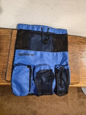 Sporti Blue Mesh Drawstring Gym Bag with Multiple Pockets